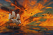 Diamond Painting eines Segelschiffs auf dem Meer bei Sonnenuntergang mit springenden Delfinen und Vögeln. Mockup.