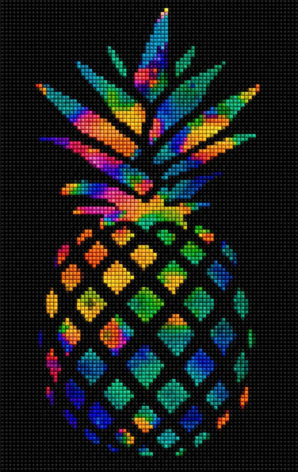 Buntes Diamond Painting einer Ananas in Neon-Regenbogenfarben auf schwarzem Hintergrund. Mockup.