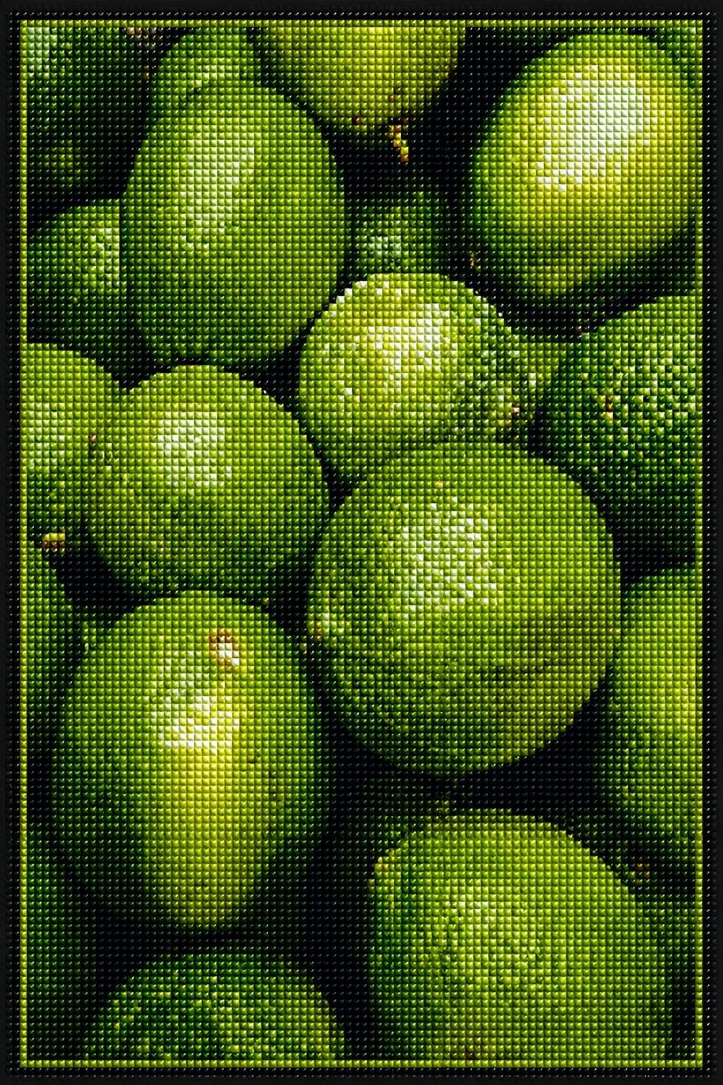 Diamond Painting mit dicht angeordneten grünen Limetten und sichtbaren Schalenstrukturen. Mockup.