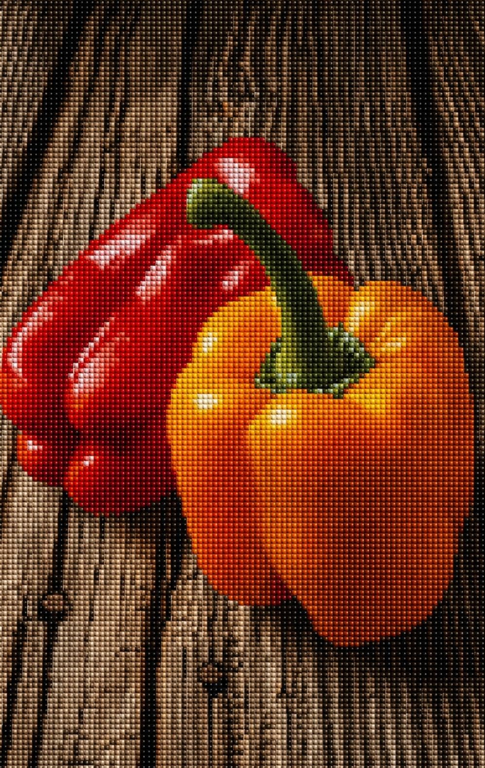 Diamond Painting mit roter und orangefarbener Paprika auf dunkler Holzoberfläche. Mockup.