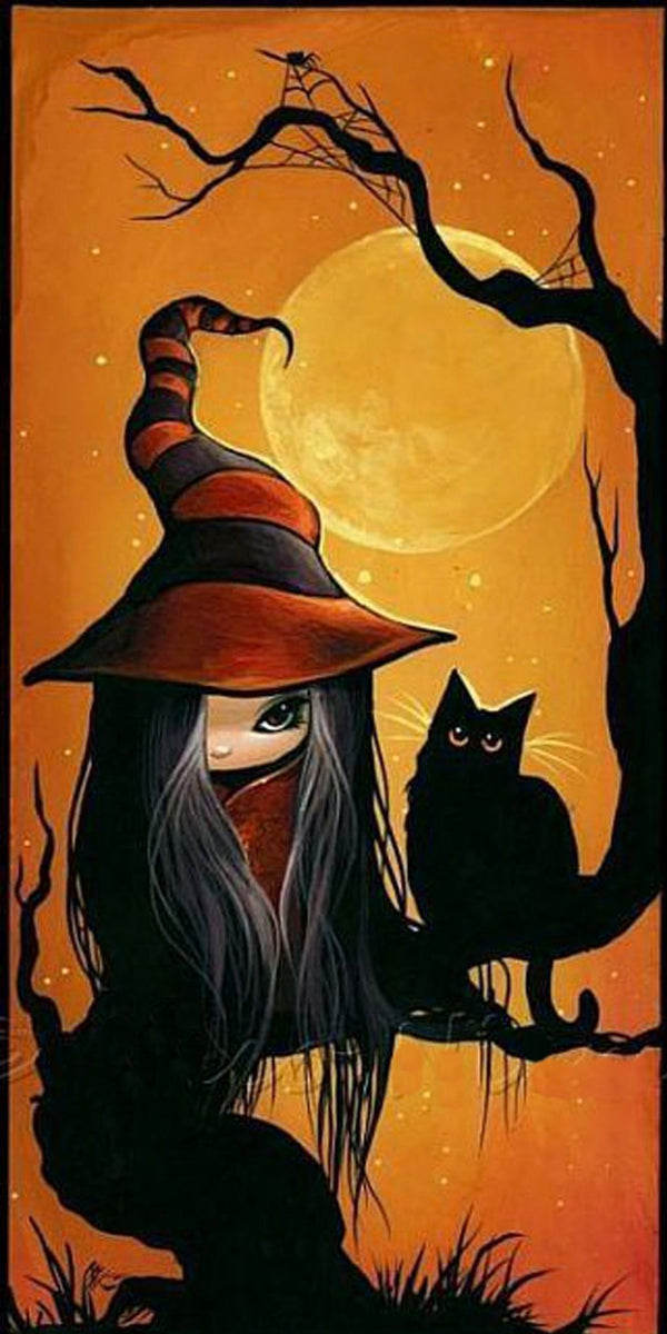 Diamond Painting mit Hexenmädchen, schwarzer Katze, Vollmond und Hexenhut vor orangefarbener Kulisse.