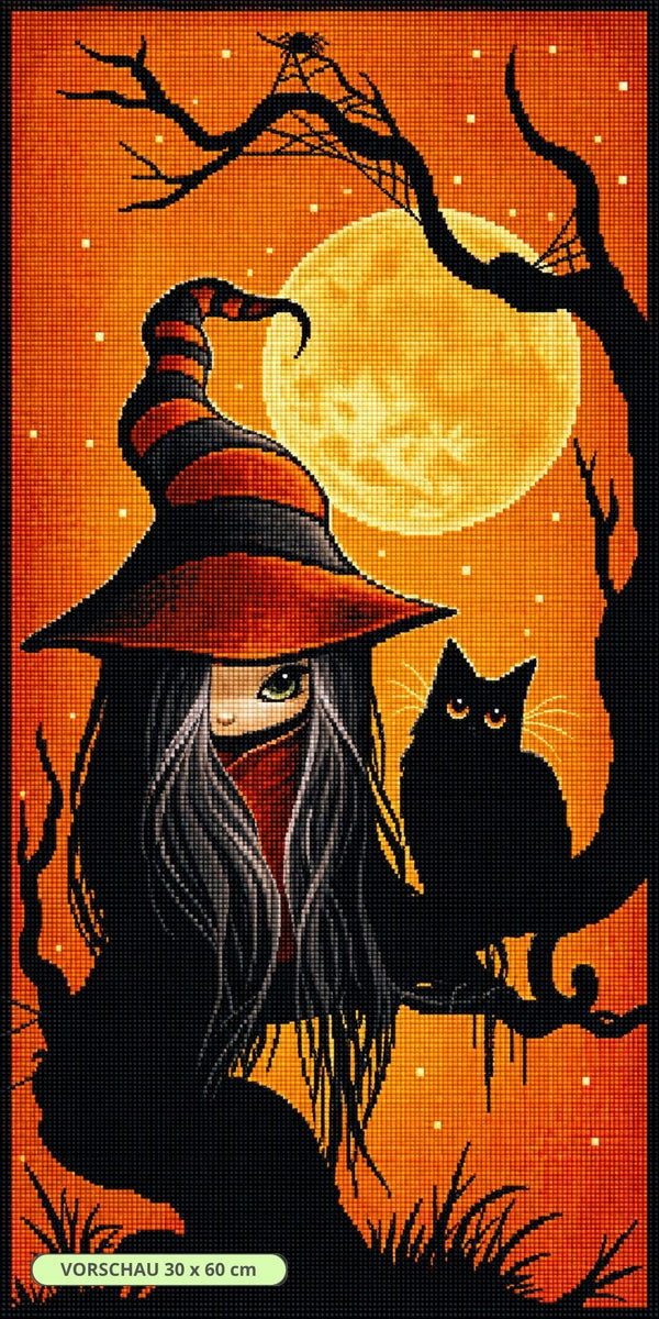 Diamond Painting mit Hexenmädchen, schwarzer Katze, Vollmond und Hexenhut vor orangefarbener Kulisse. Mockup.