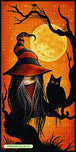 Diamond Painting mit Hexenmädchen, schwarzer Katze, Vollmond und Hexenhut vor orangefarbener Kulisse. Mockup.