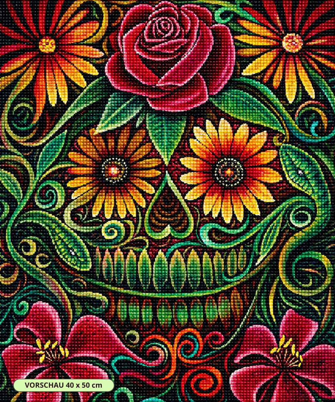 Diamond Painting eines mit Sonnenblumen und Rosen verzierten Totenkopfes im mexikanischen Stil mit grünen Blattranken.  Mockup.