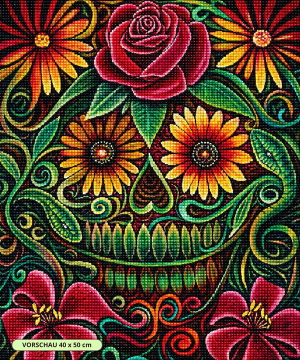 Diamond Painting eines mit Sonnenblumen und Rosen verzierten Totenkopfes im mexikanischen Stil mit grünen Blattranken.  Mockup.
