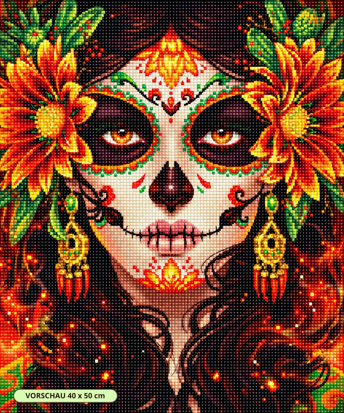 Diamond Painting einer Frau mit Totenkopf-Gesichtsbemalung, großen Blumen im Haar und goldenen Ohrringen.  Mockup.