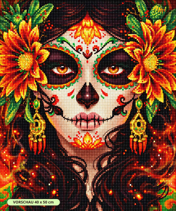 Diamond Painting einer Frau mit Totenkopf-Gesichtsbemalung, großen Blumen im Haar und goldenen Ohrringen.  Mockup.