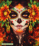 Diamond Painting einer Frau mit Totenkopf-Gesichtsbemalung, großen Blumen im Haar und goldenen Ohrringen.  Mockup.