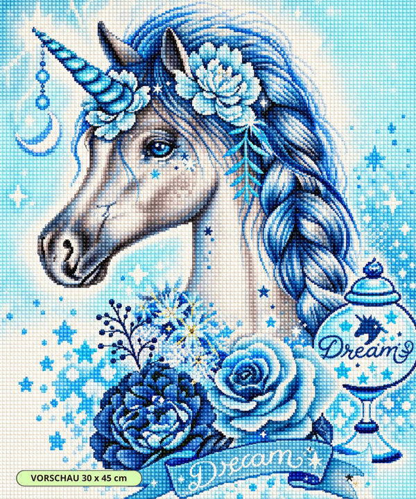 Diamond Painting eines kleinen weißen Einhorns mit blauer Mähne umgeben von hellblauen Rosen und Sternen. Mockup.