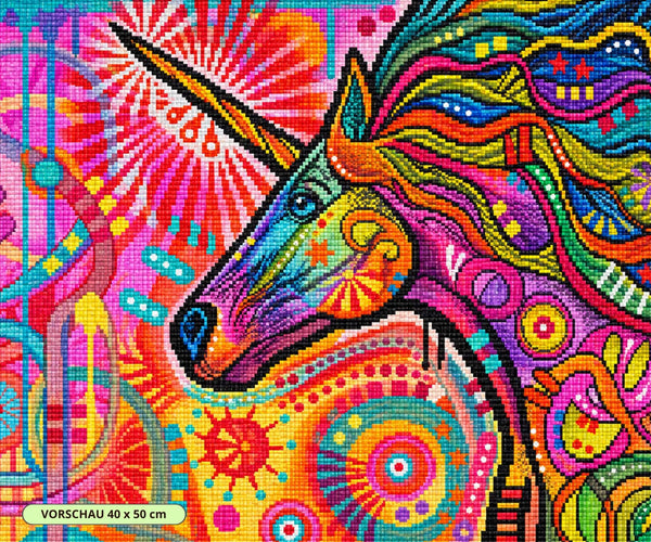 Buntes Diamond Painting eines Einhorns im Pop-Art-Stil mit neonfarbenen Mustern und abstrakten Kreisen. Mockup.