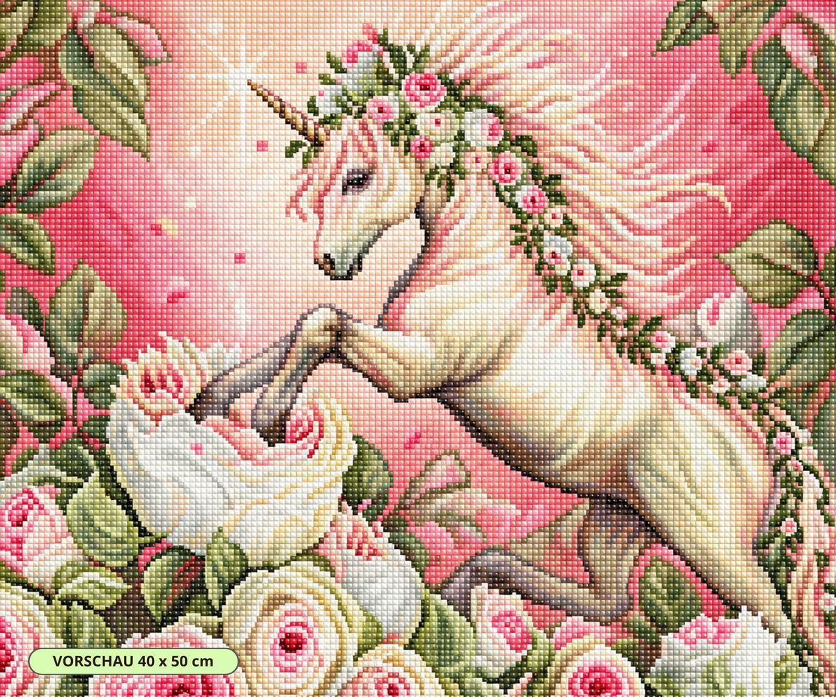 Diamond Painting eines weißen Einhorns mit Blumenkranz, das aus einem Bett von rosa und weißen Rosen steigt. Mockup.