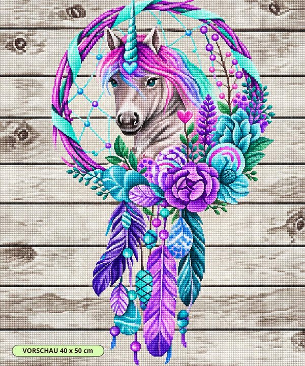 Diamond Painting eines Traumfängers mit einem Einhornkopf in der Mitte, verziert mit violetten Federn und Blumen. Mockup.