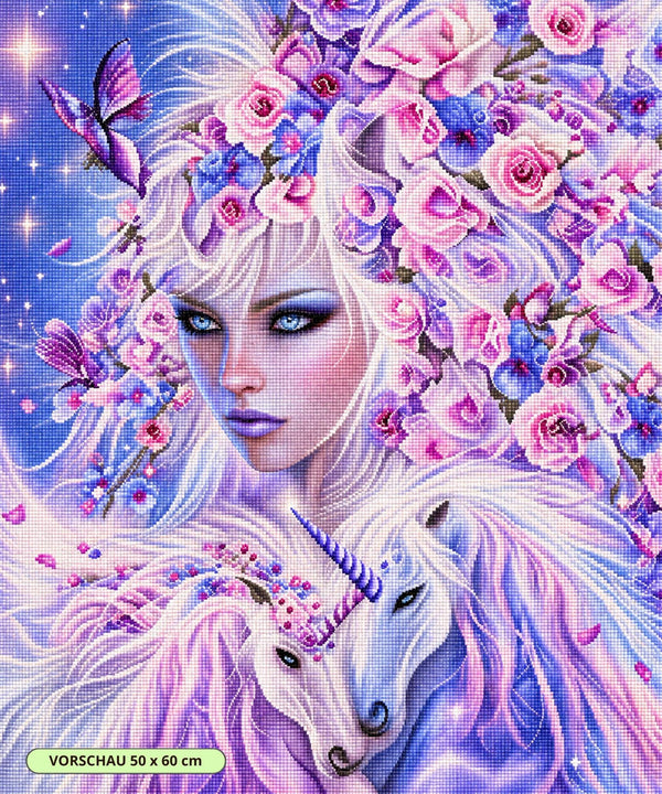 Diamond Painting einer Frau mit Blumen im Haar, die zwei kleine weiße Einhörner im Arm hält.  Mockup.