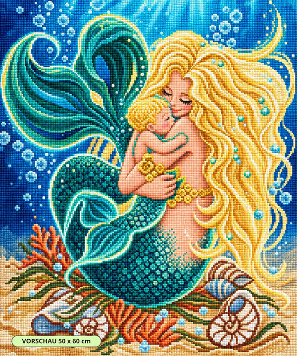 Farbenfrohes Diamond Painting einer Meerjungfrau, die ihr Baby unter Wasser im Arm hält, umgeben von Muscheln und Korallen. Mockup.