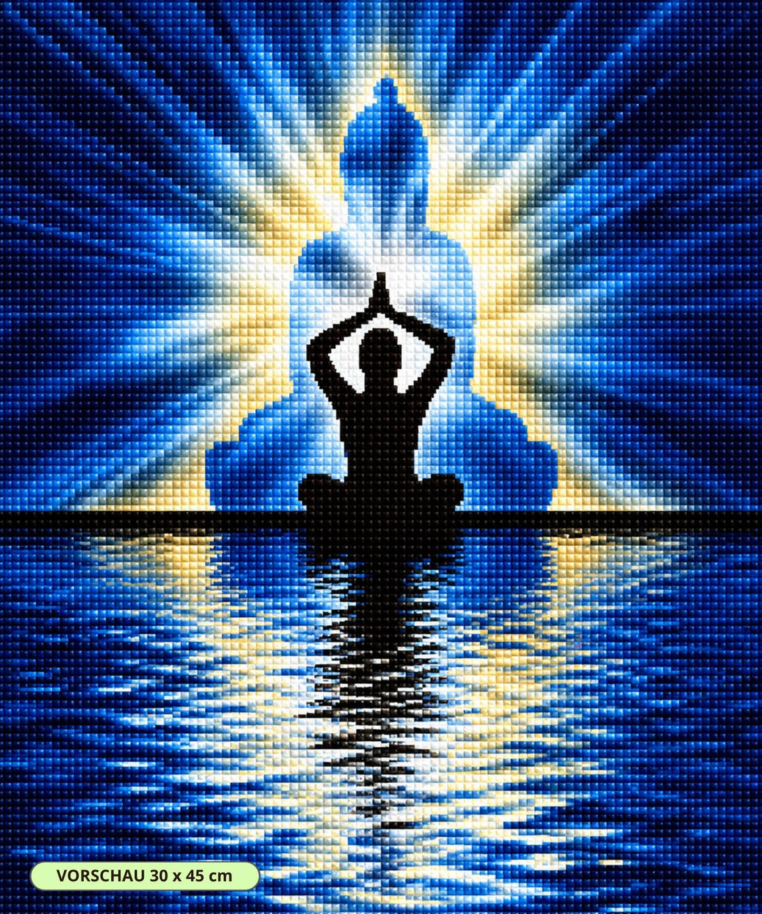Diamond Painting eines meditierenden Buddhas als Silhouette vor einem blauen Lichtkranz über spiegelndem Wasser. Mockup.