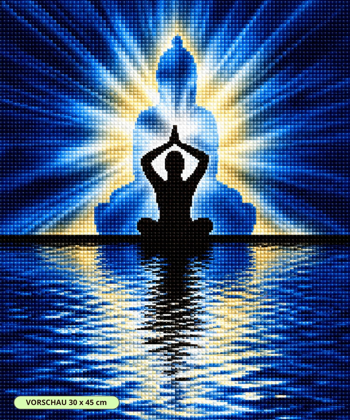Diamond Painting eines meditierenden Buddhas als Silhouette vor einem blauen Lichtkranz über spiegelndem Wasser. Mockup.