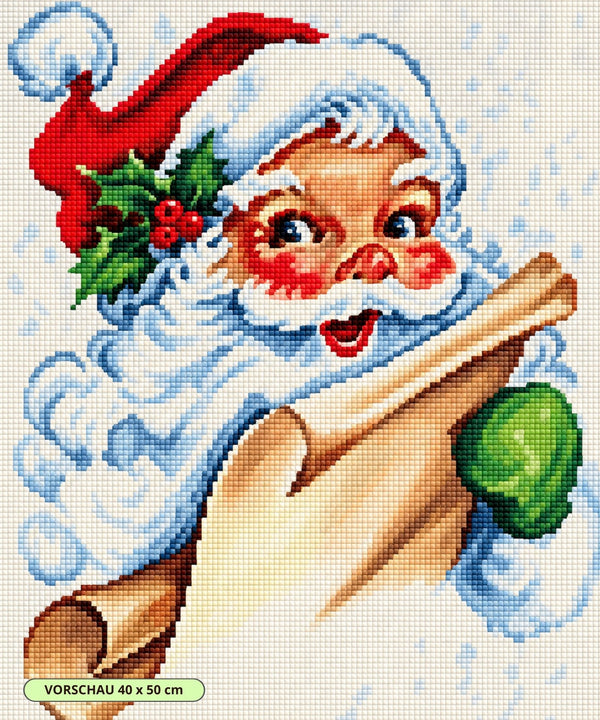 Diamond Painting des Weihnachtsmanns mit weißem Bart und roter Mütze, der eine Schriftrolle in den Händen hält.  Mockup.