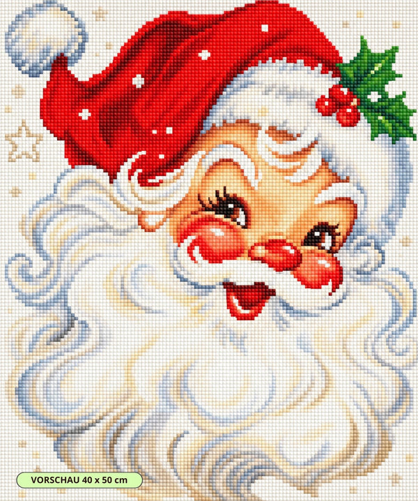 Diamond Painting eines lachenden Weihnachtsmanns im Profil mit roter Mütze und weißem lockigem Bart. Mockup.
