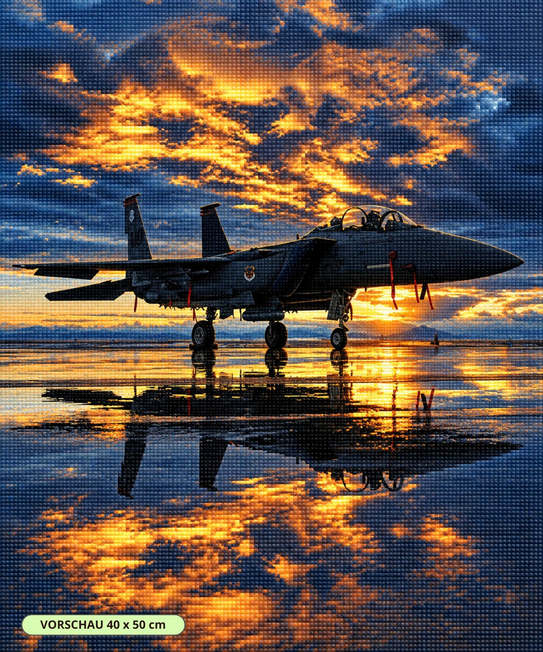 Diamond Painting eines Kampfjets auf der Landebahn im goldenen Sonnenuntergang mit Spiegelung im Wasser. Mockup.
