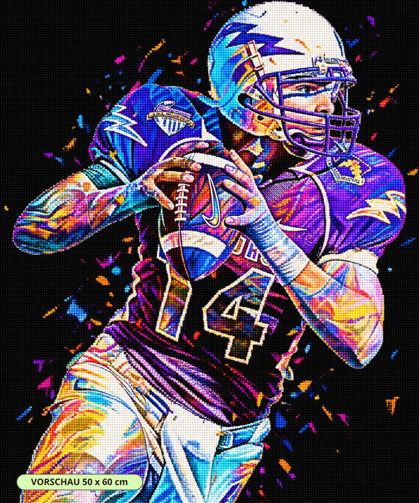 Abstraktes Diamond Painting eines Football-Spielers in bunten Neonfarben auf schwarzem Hintergrund. Mockup.