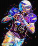 Abstraktes Diamond Painting eines Football-Spielers in bunten Neonfarben auf schwarzem Hintergrund. Mockup.