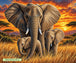 Diamond Painting einer Elefantenfamilie mit zwei Jungen in der afrikanischen Steppe bei Sonnenuntergang. Mockup.