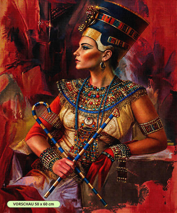 Diamond Painting der Königin Nefertiti mit prachtvollem Schmuck und Krone vor rötlichem Hintergrund. Mockup.