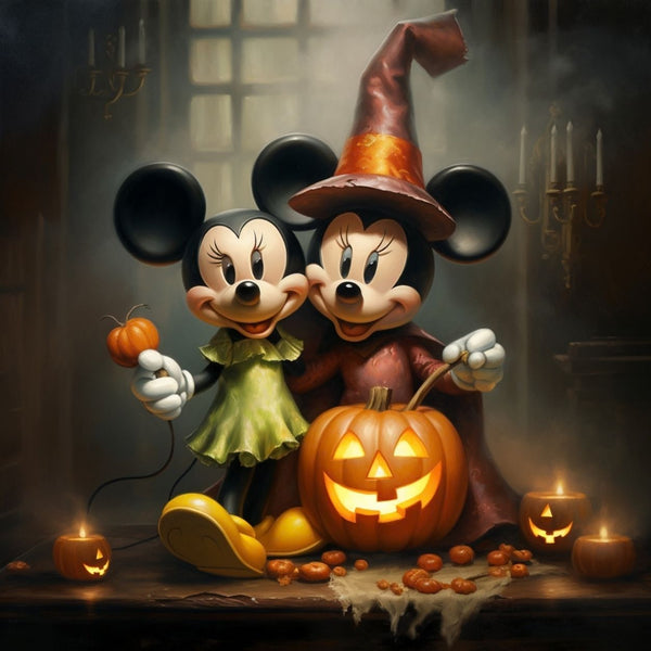 Diamond Painting mit Mickey und Minnie, Kürbis, Kerzen und orangefarbenem Hexenhut in dunkler Halloween-Szene.