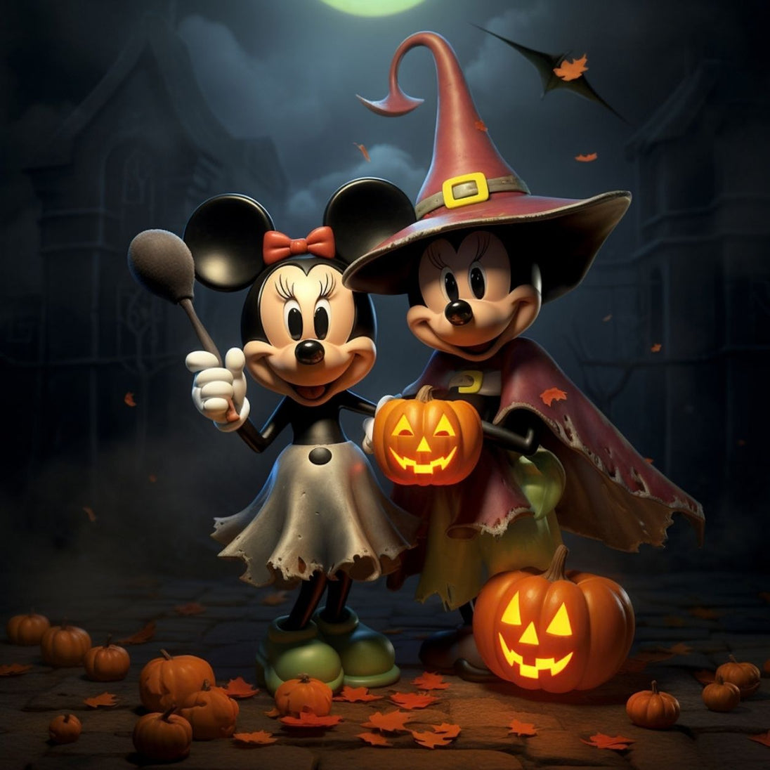 Diamond Painting mit Mickey und Minnie in Halloweenkostümen, Hexenhut, Kürbissen und Kerzenlicht.