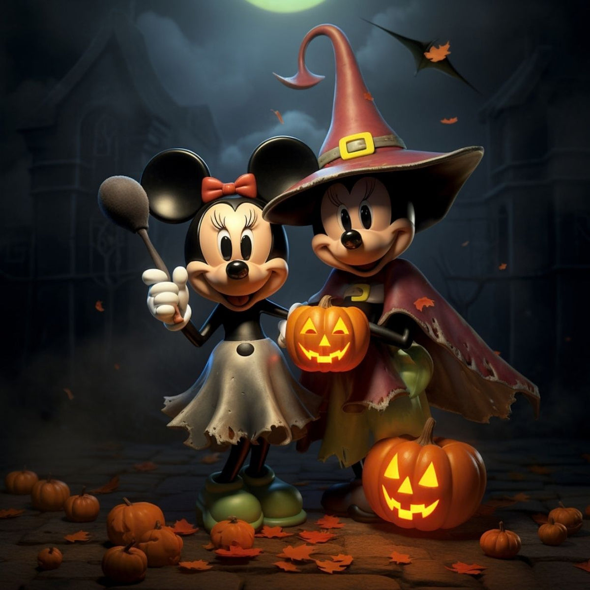 Diamond Painting mit Mickey und Minnie in Halloweenkostümen, Hexenhut, Kürbissen und Kerzenlicht.
