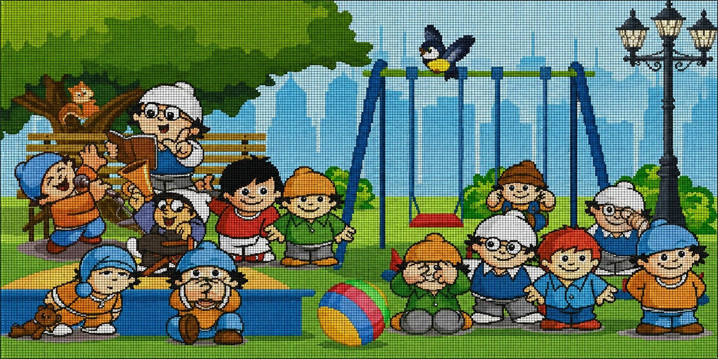 Diamond Painting kleiner Cartoon-Wichtel beim Spielen auf einem bunten Spielplatz mit Schaukel und Baum. Mockup.