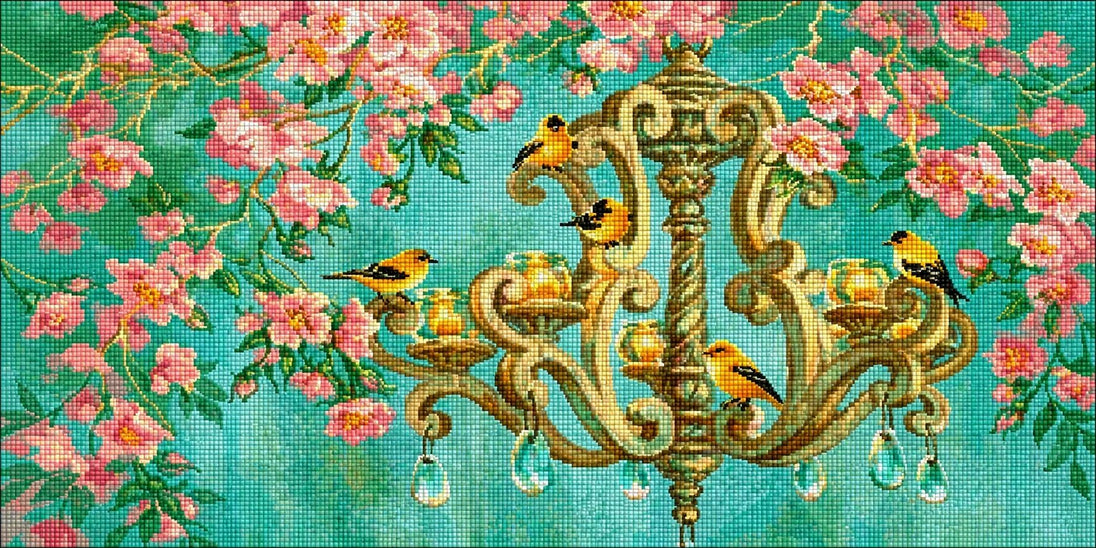 Diamond Painting eines antiken Kronleuchters mit brennenden Kerzen und einem Schwarm Stieglitzen vor einem Hintergrund aus rosa Rosen. Mockup.