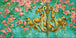 Diamond Painting eines antiken Kronleuchters mit brennenden Kerzen und einem Schwarm Stieglitzen vor einem Hintergrund aus rosa Rosen. Mockup.
