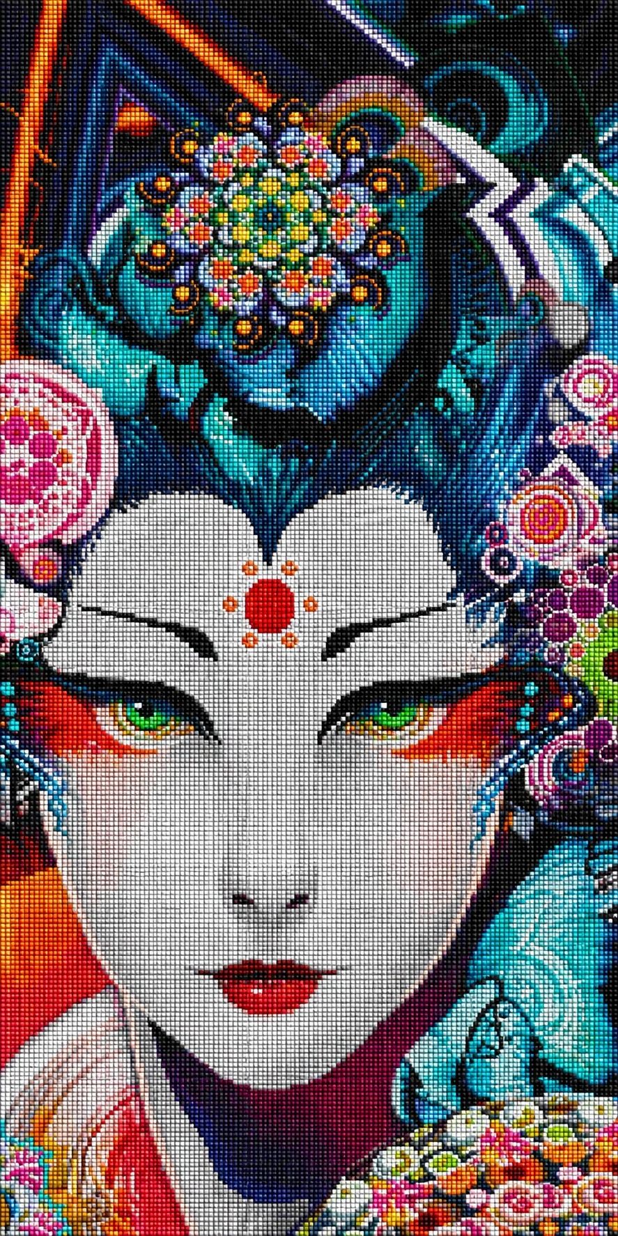 Diamond Painting Nahaufnahme einer Geisha mit bunter Kopfbedeckung und leuchtend grünen Augen. Mockup.