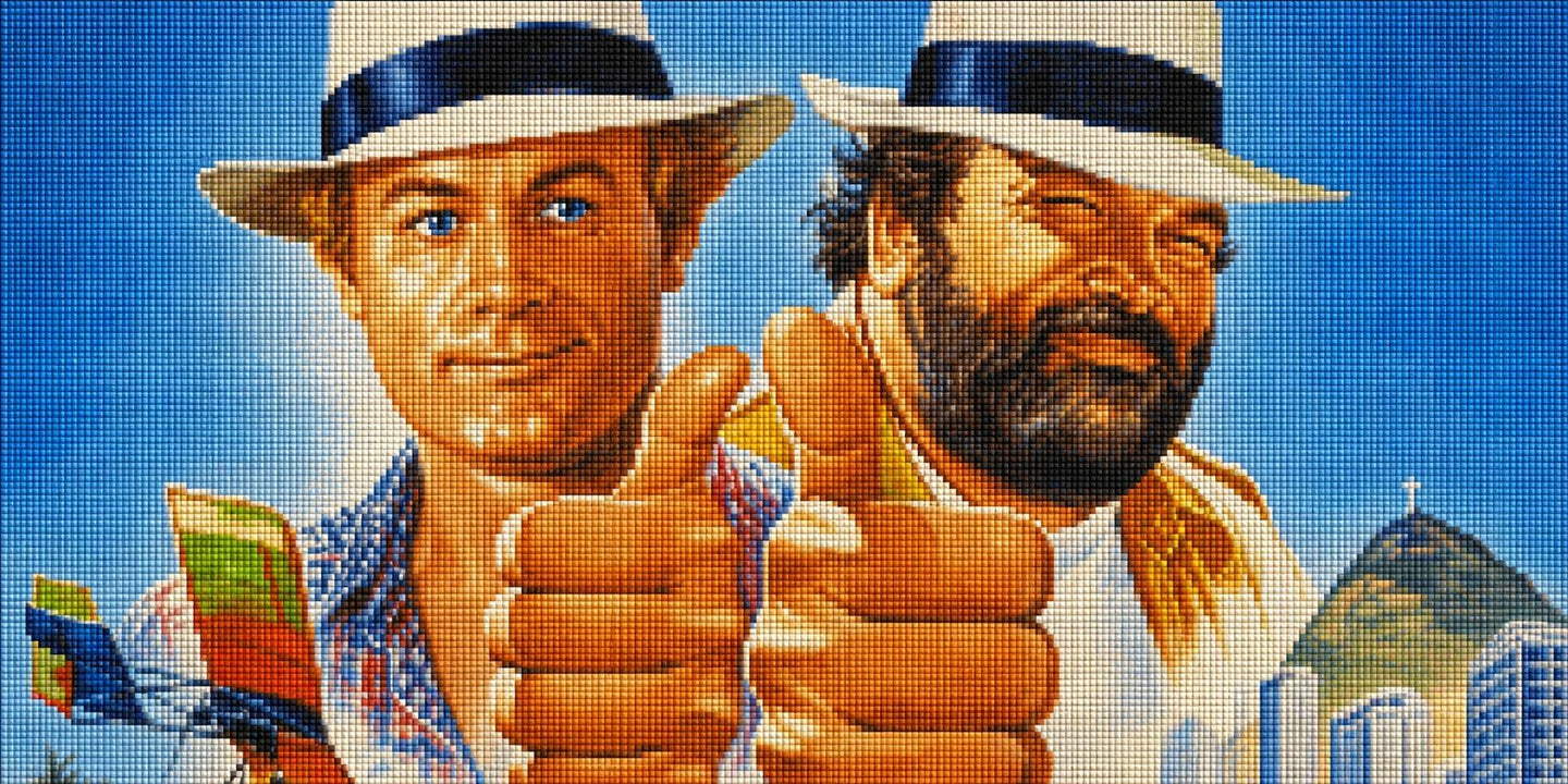 Diamond Painting Porträt zweier bekannter Schauspieler mit Daumen nach oben vor einer Bergkulisse. Mockup.