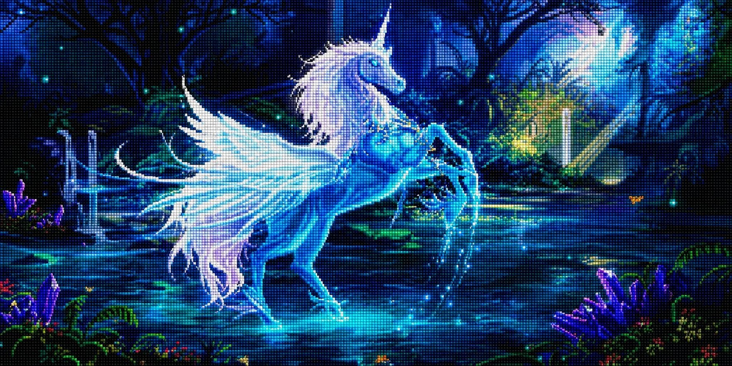 Diamond Painting eines leuchtend blauen Einhorns mit Flügeln in einem dunklen Zauberwald. Mockup.