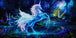 Diamond Painting eines leuchtend blauen Einhorns mit Flügeln in einem dunklen Zauberwald. Mockup.