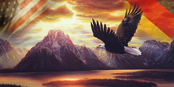 Diamond Painting eines Weißkopfseeadlers im Flug vor schneebedeckten Bergen im Abendrot. 