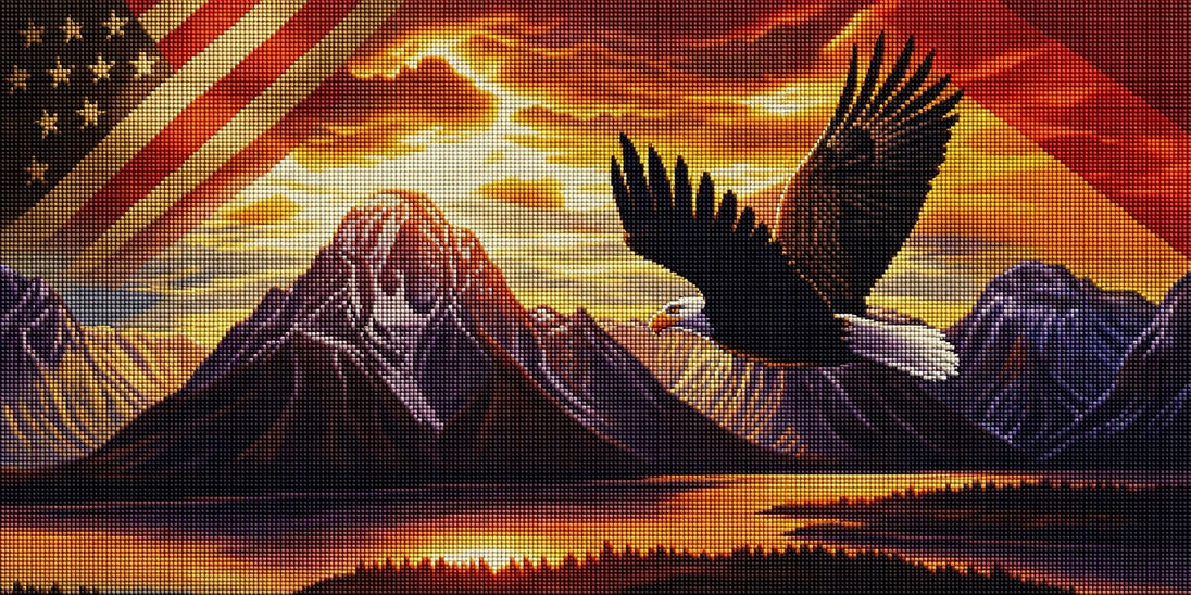 Diamond Painting eines Weißkopfseeadlers im Flug vor schneebedeckten Bergen im Abendrot. Mockup.