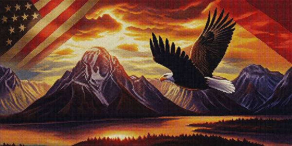 Diamond painting of a bald eagle in flight against a backdrop of snow-covered mountains at sunset. Mockup.