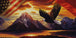 Diamond Painting eines Weißkopfseeadlers im Flug vor schneebedeckten Bergen im Abendrot. Mockup.