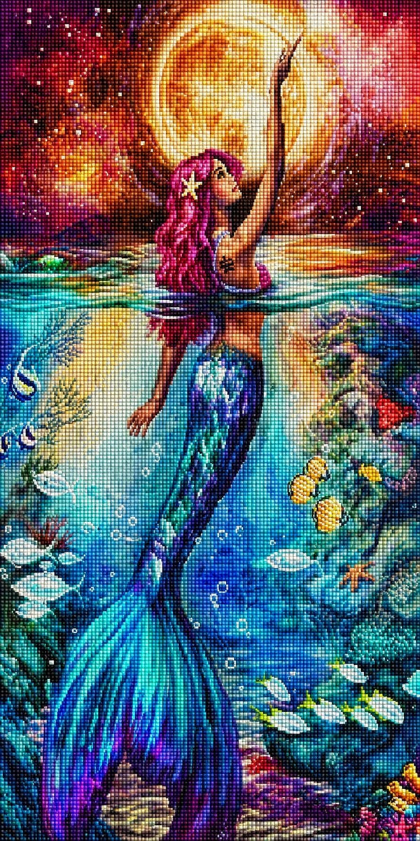 Diamond Painting einer Meerjungfrau unter Wasser mit bunten Korallen und einem Vollmond am Himmel. Mockup.