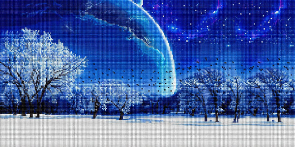 Diamond Painting einer verschneiten Winterlandschaft mit Vögeln vor einem riesigen Planeten am Nachthimmel. Mockup.
