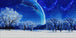 Diamond Painting einer verschneiten Winterlandschaft mit Vögeln vor einem riesigen Planeten am Nachthimmel. Mockup.