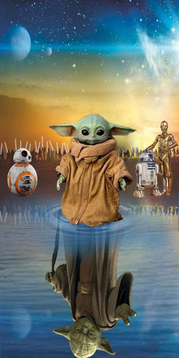 Diamond Painting mit Grogu / Baby Yoda vor Sternenhimmel, Planeten, Wasserreflexion und Droiden.