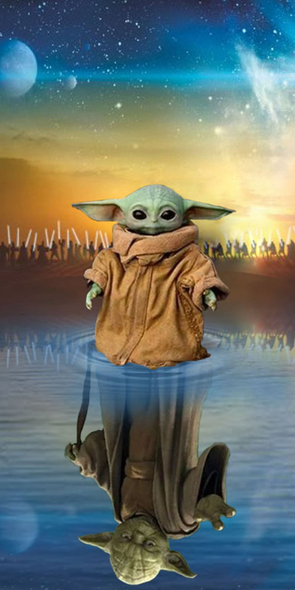 Diamond Painting Porträt von Grogu / Baby Yoda und dem alten Yoda als Spiegelbild im Wasser.