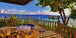 Diamond Painting Blick von einer Terrasse auf einen tropischen Ozean mit Palmen. Mockup.