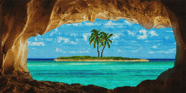 Diamond Painting mit tropischer Insel, Palmen, türkisfarbenem Meer und Felsenhöhle. Mockup.