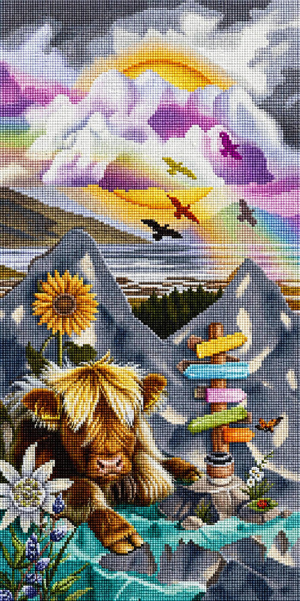 Diamond Painting eines zotteligen Hochlandrinds vor Bergen mit Regenbogen und Sonnenblume. Mockup.