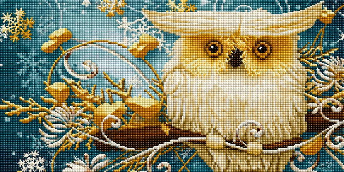 Diamond Painting einer weißen Eule auf einem Ast mit goldenen Verzierungen und Schneeflocken. Mockup.
